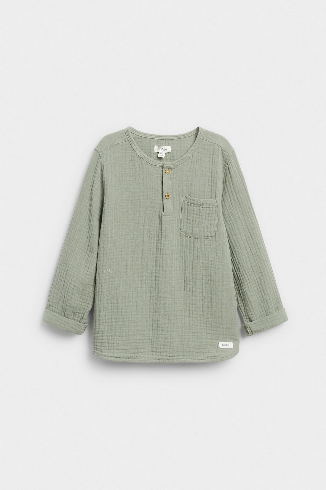 PTex Fashion boys' sage green muslin henley shirt, full front flat lay