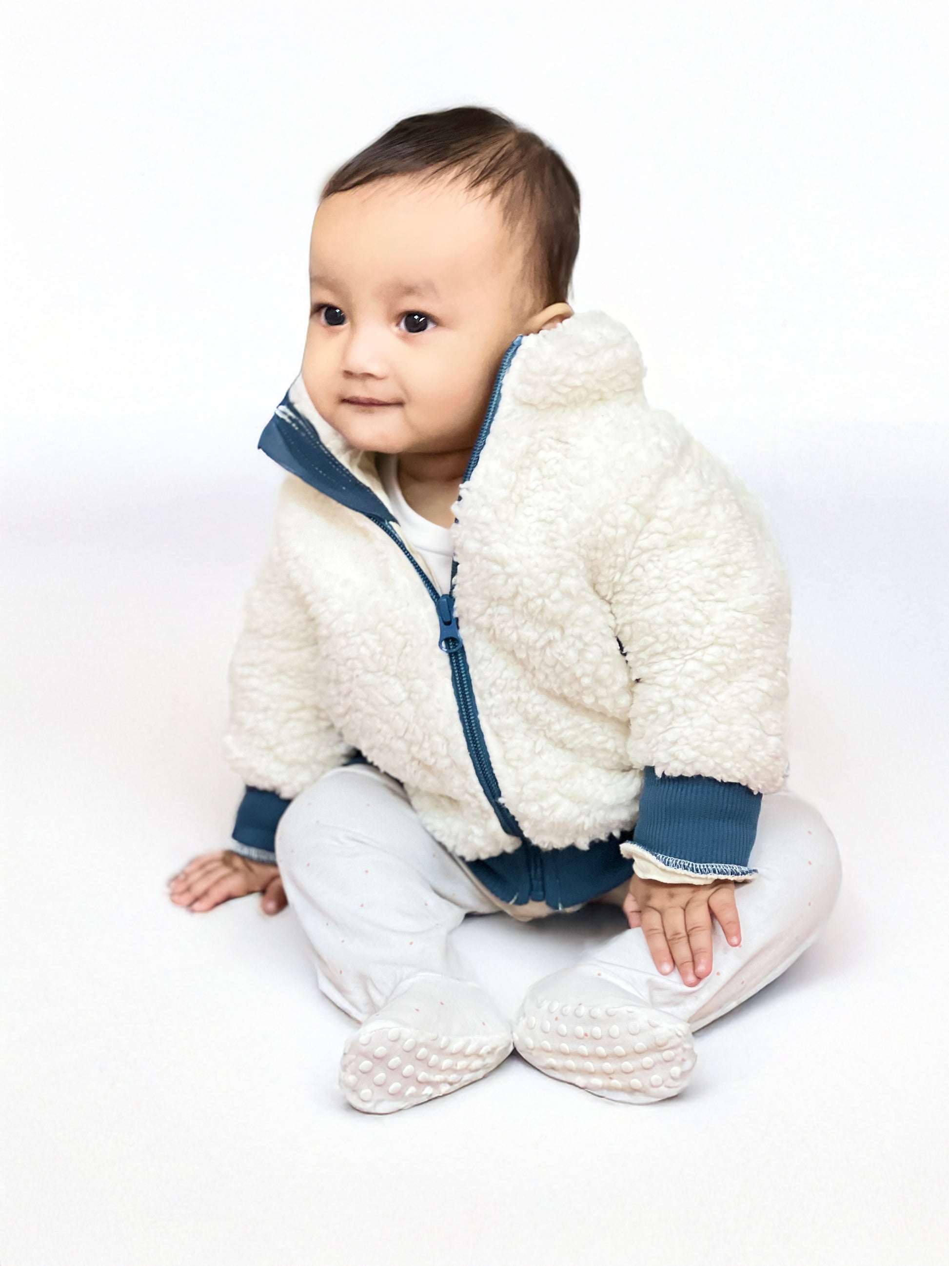 Kids Unisex Sherpa Jacket | Polyester, Zipper, Off White