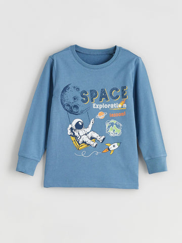 Boy's Full Sleeve Sweatshirt | Dusky Blue, Space Exploration Print