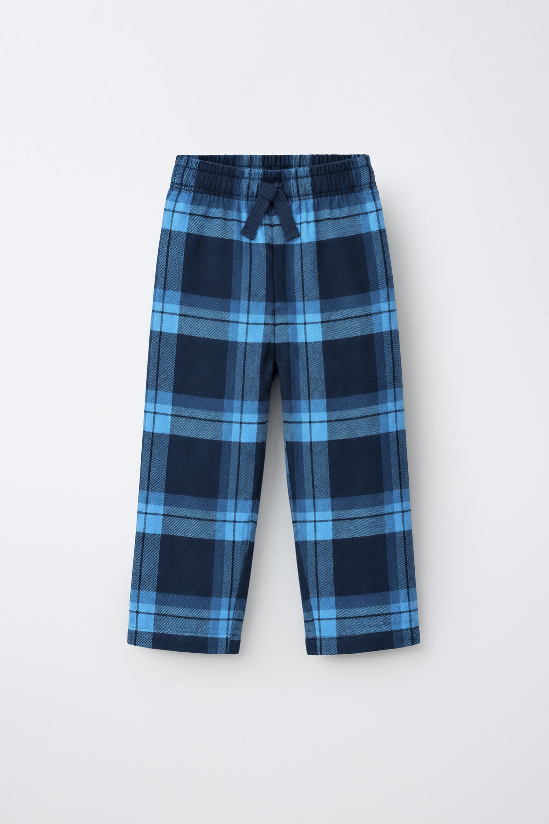 PTex Fashion boys’ navy and blue check flannel pants, front flat lay with elastic drawcord waist and straight leg