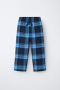 PTex Fashion boys’ navy and blue check flannel pants, front flat lay with elastic drawcord waist and straight leg