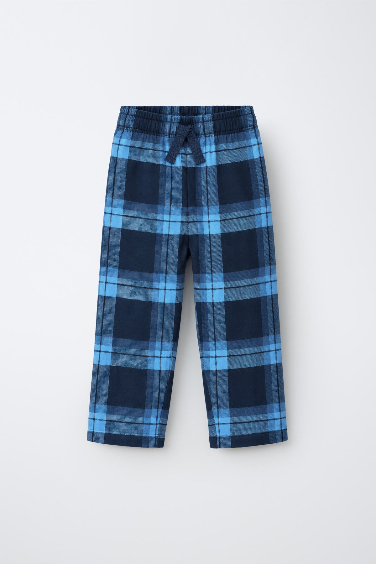 PTex Fashion boys’ navy and blue check flannel pants, front flat lay with elastic drawcord waist and straight leg