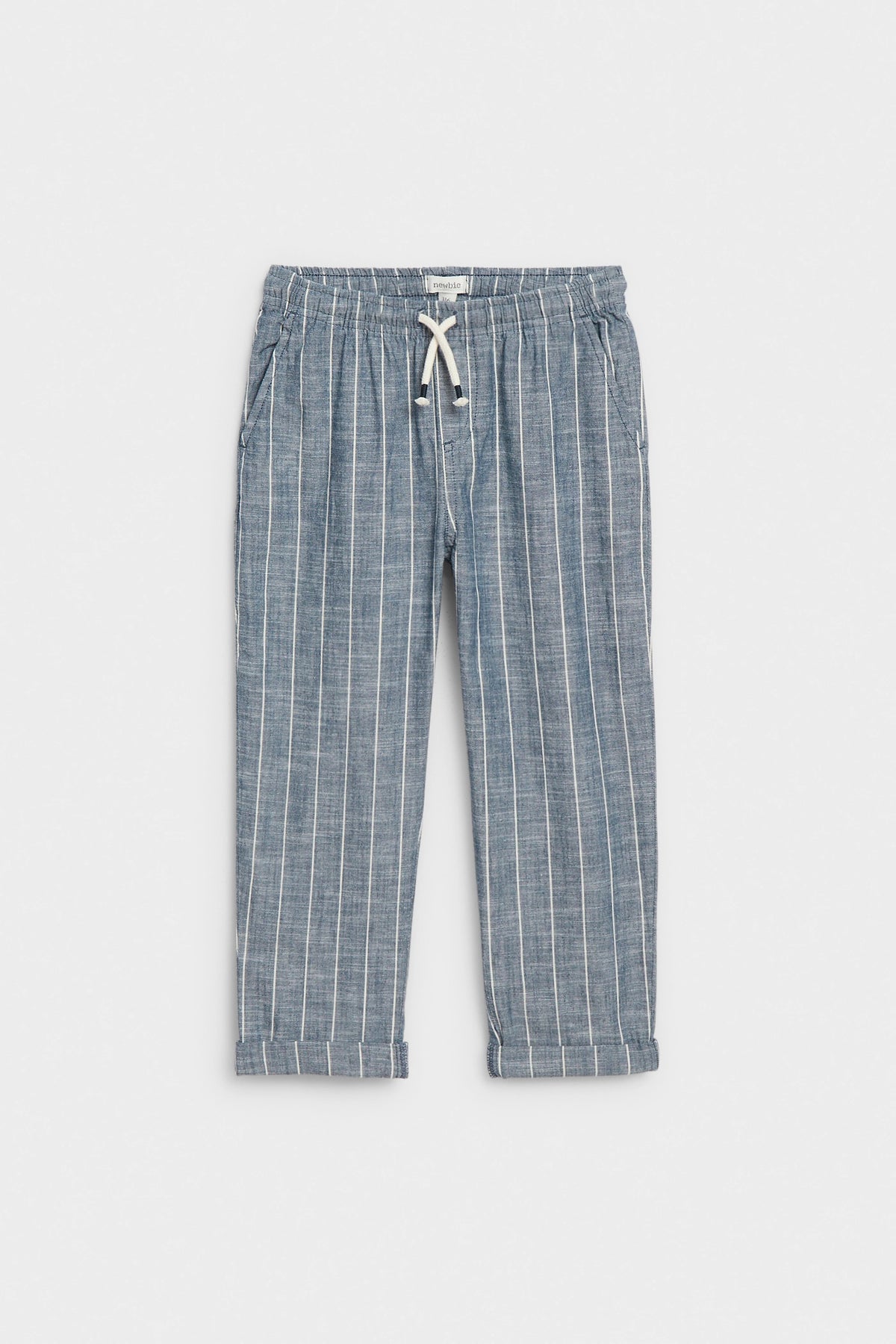 Blue and white striped kids' ramie cotton trousers with drawstring waist and turn-up cuffs, flat lay — PTex Fashion