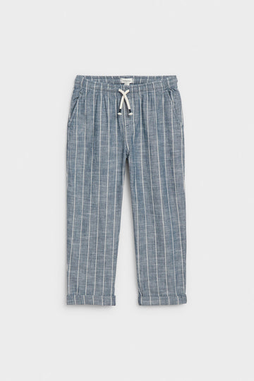 Blue and white striped kids' ramie cotton trousers with drawstring waist and turn-up cuffs, flat lay — PTex Fashion