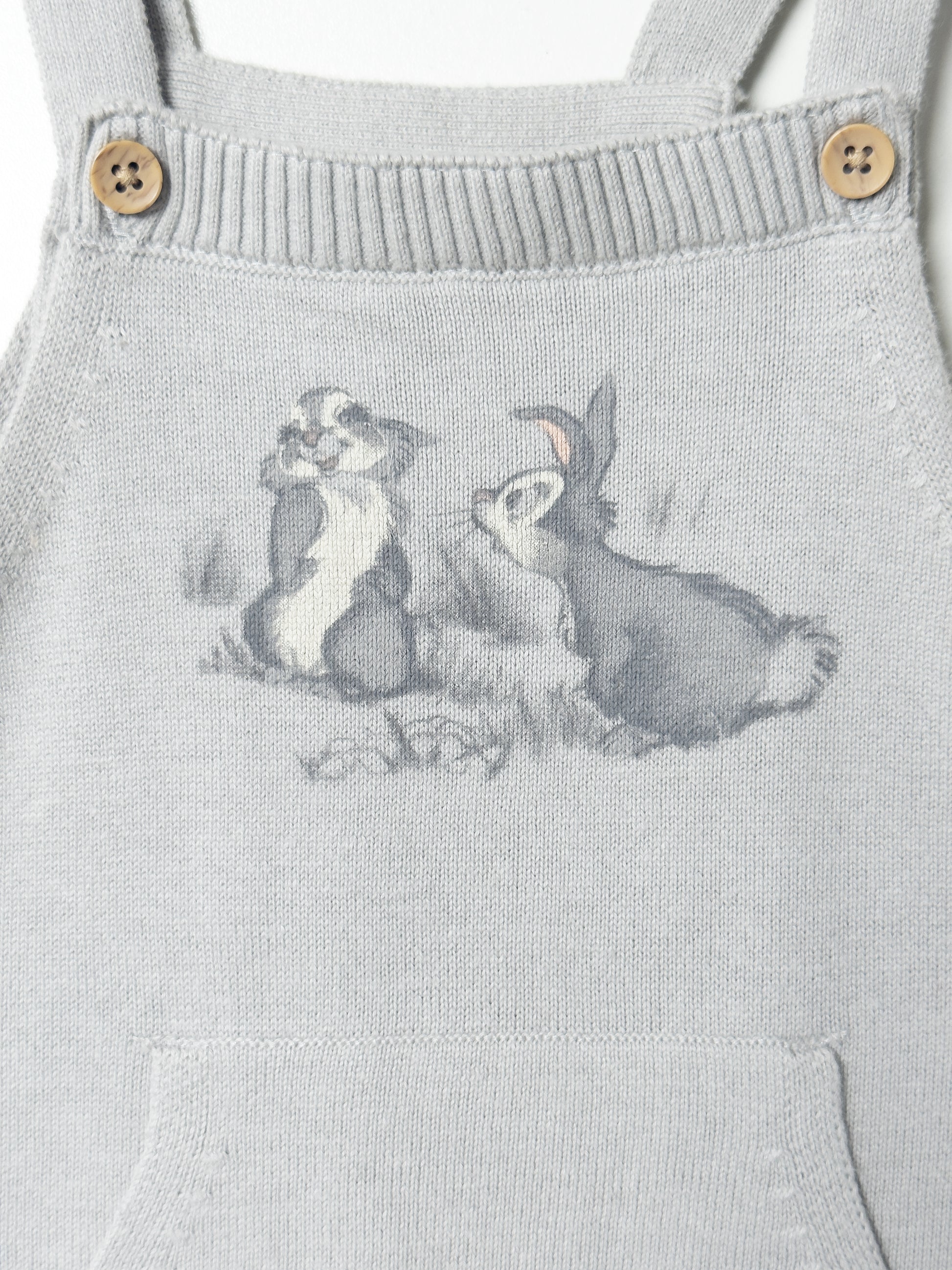 Knitted Baby Romper Grey,wooden strap button with kangaroo pocket and rabbit print