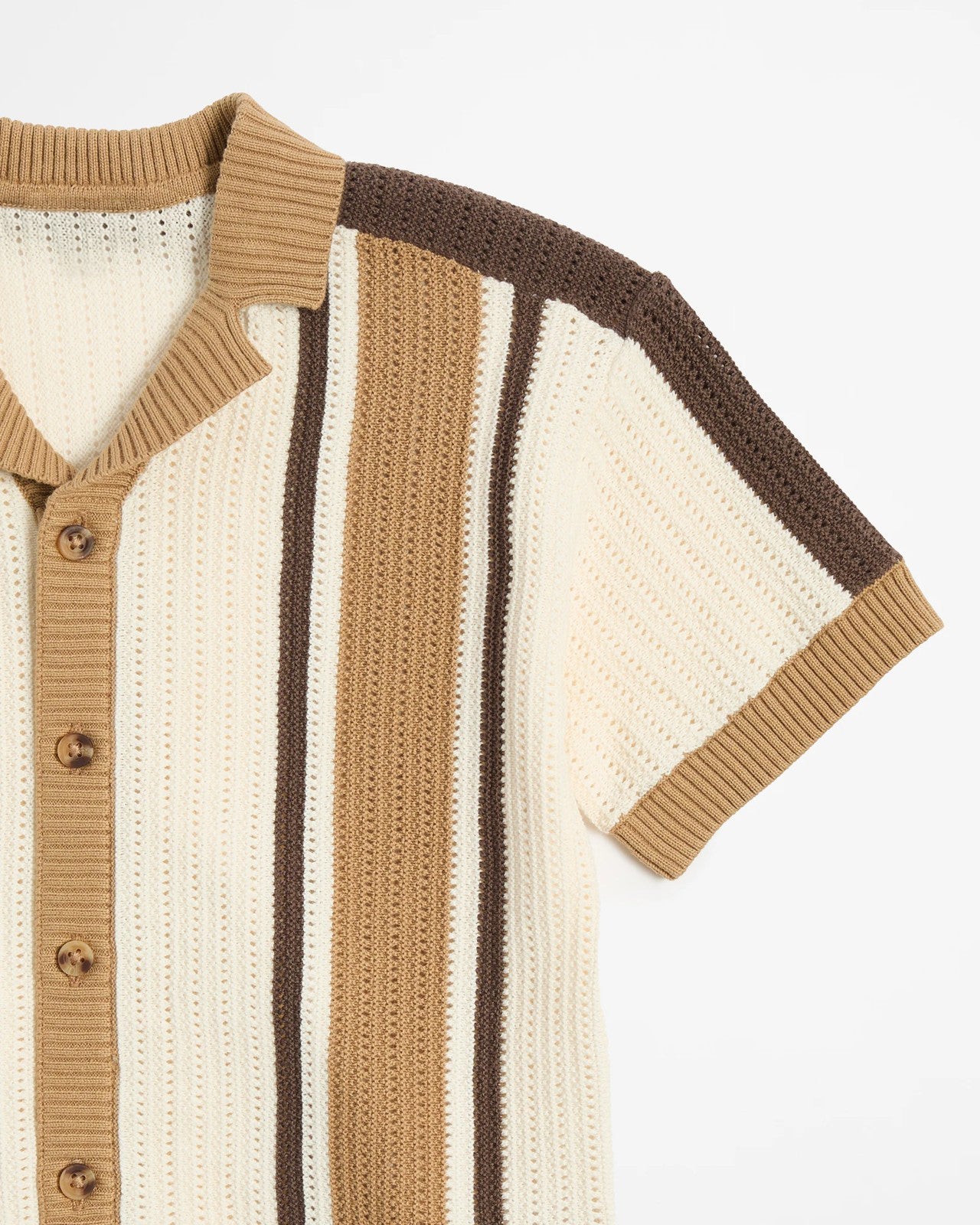 Knitted cardigan with brown and beige stripes on a white background