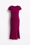 Light Burgundy midi dress with a slit on a white background