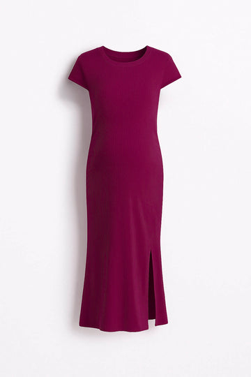 Light Burgundy midi dress with a slit on a white background