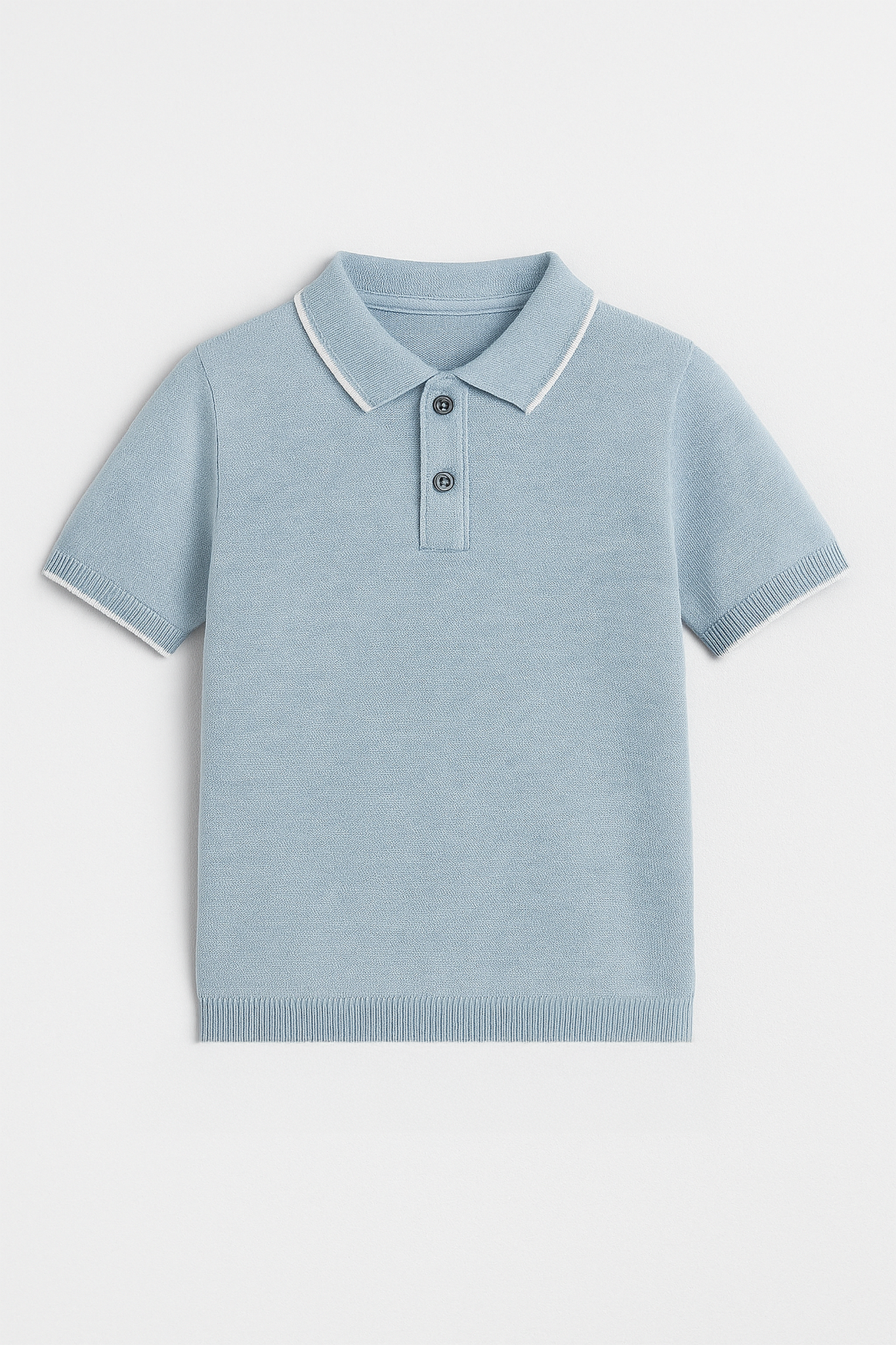 Light blue polo shirt with white collar on a light gray background