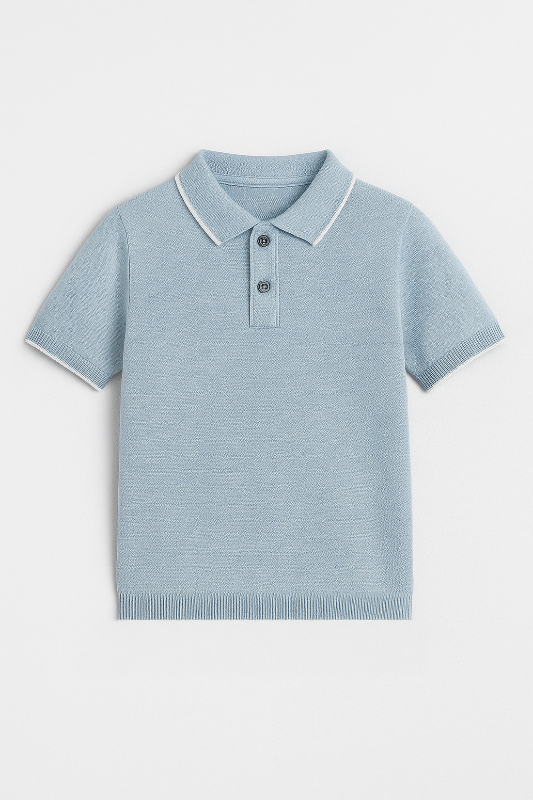 Light blue polo shirt with white collar on a light gray background
