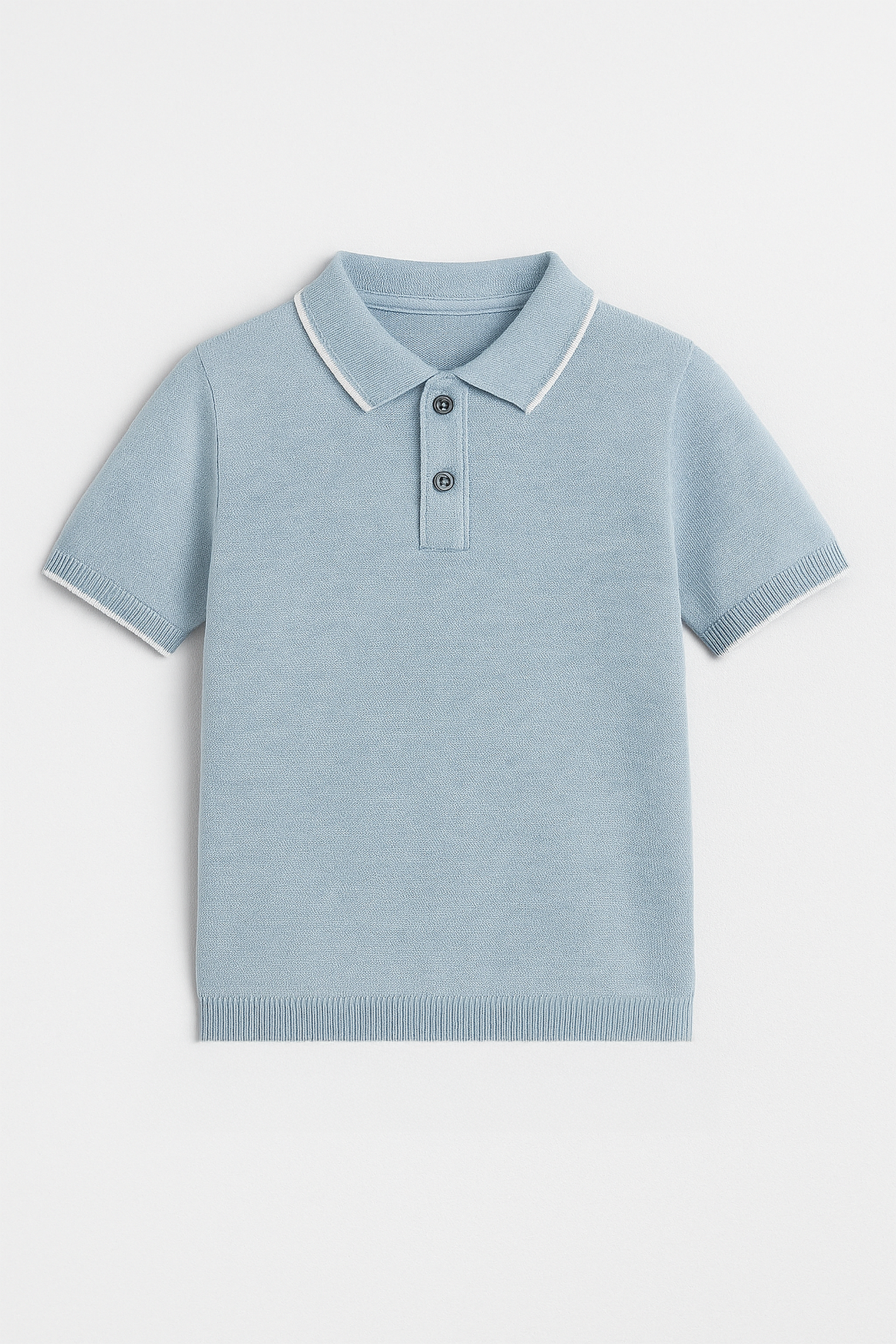 Light blue polo shirt with white collar on a light gray background