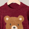 Maroon sweater with a teddy bear design on a hanger
