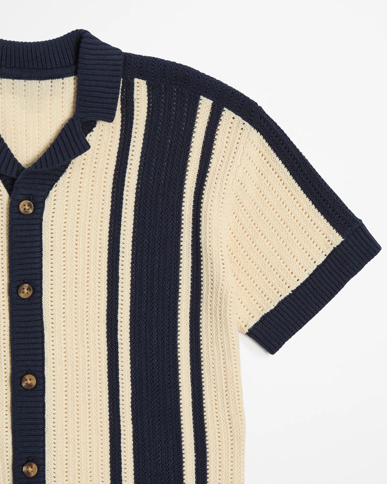 Navy and beige striped cardigan with button details on a white background