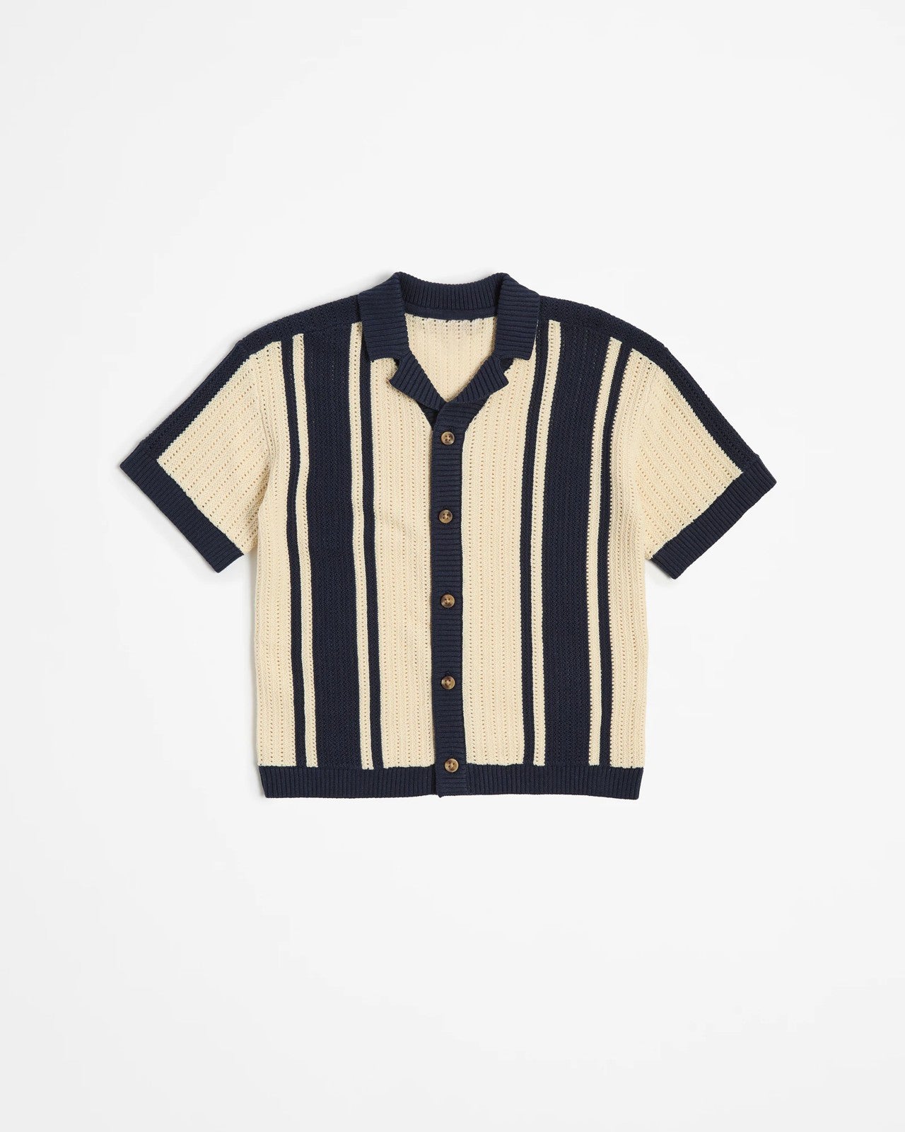 Navy and beige striped short-sleeve cardigan on a white background