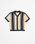 Navy and beige striped short-sleeve cardigan on a white background
