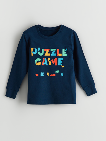 Navy blue sweatshirt with 'PUZZLE GAME' text in colorful letters on a light gray background