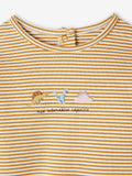 Yellow and white striped shirt with embroidered dinosaurs and text on a white background