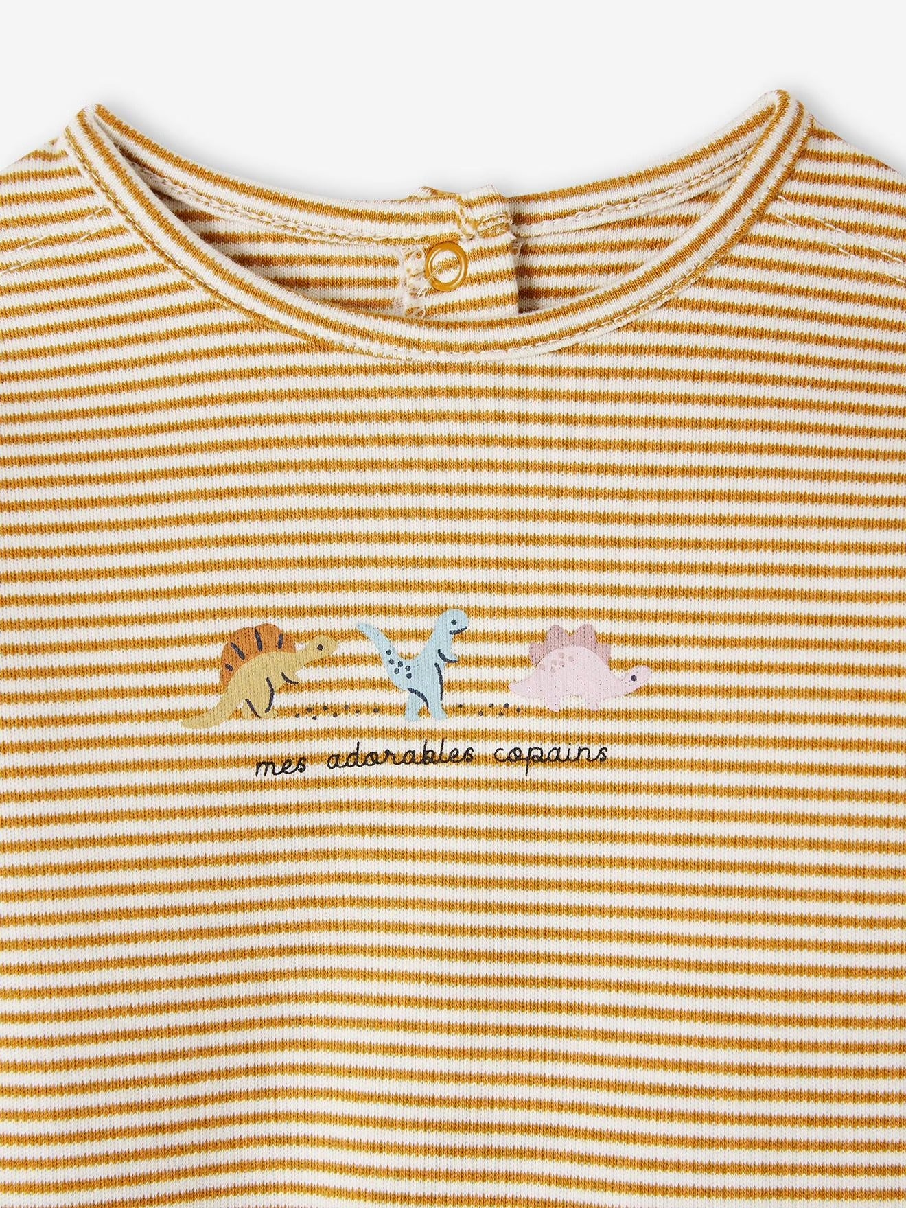 Yellow and white striped shirt with embroidered dinosaurs and text on a white background