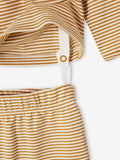 Close-up of a yellow and white striped fabric with a button on a white background