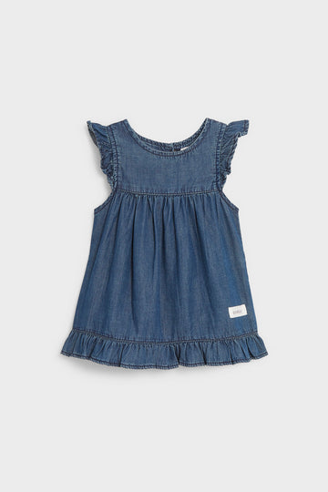 Baby Girls' Ruffle Sleeve Denim Dress — Mid Blue