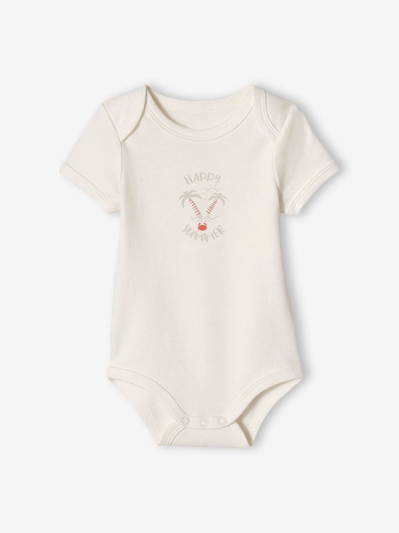 Beige baby bodysuit with a graphic design on a white background