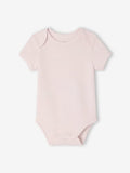 Pink striped baby bodysuit on a white background