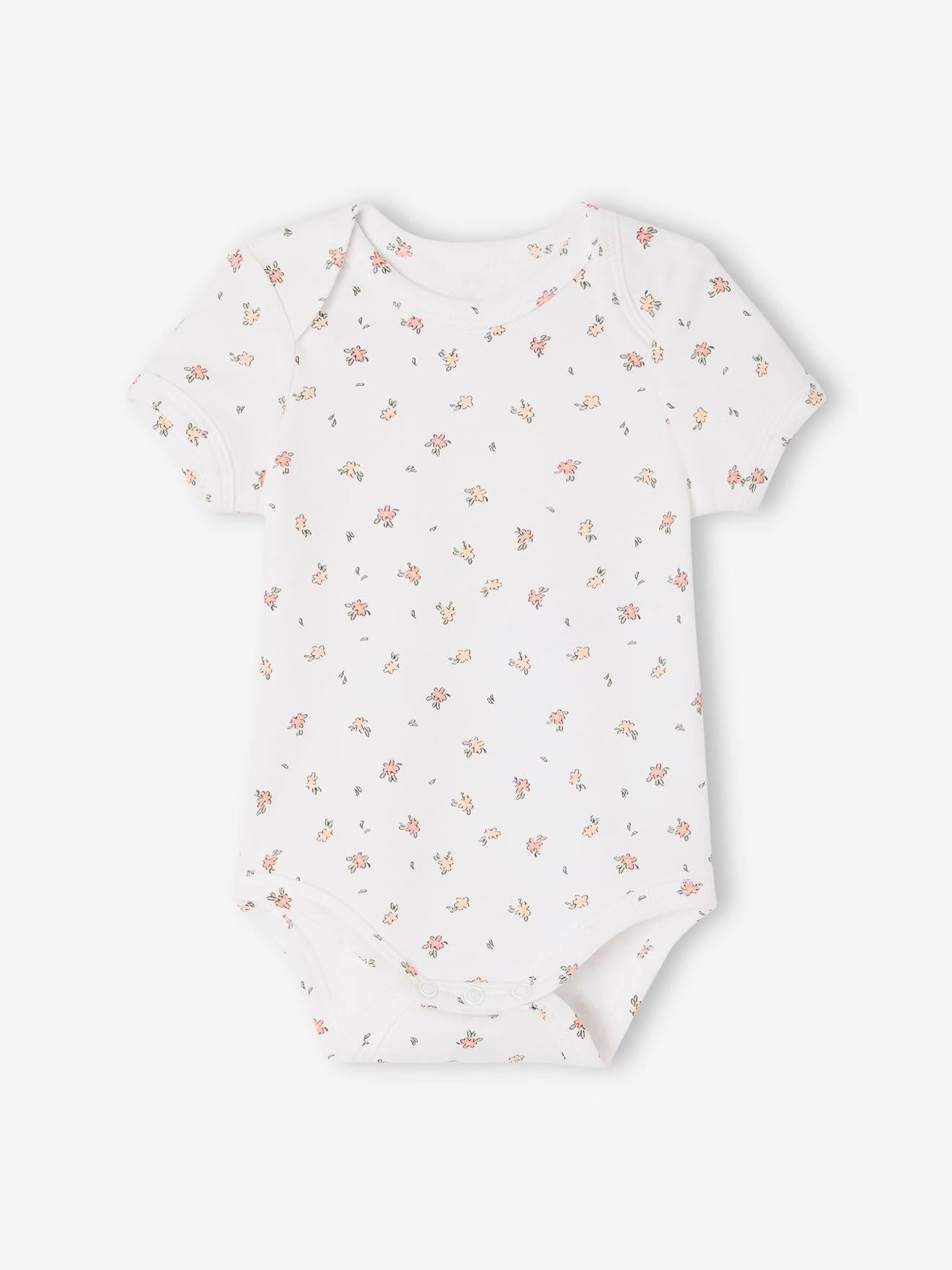 White baby bodysuit with floral pattern on a white background