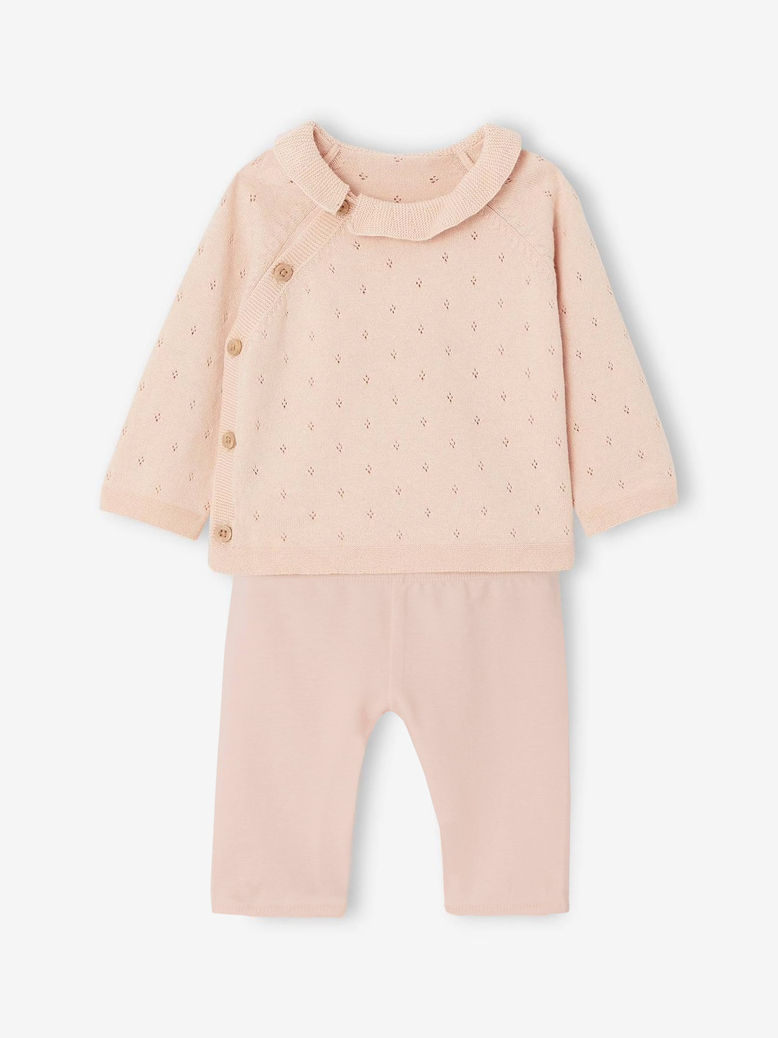 Pink baby outfit with a top and pants on a white background