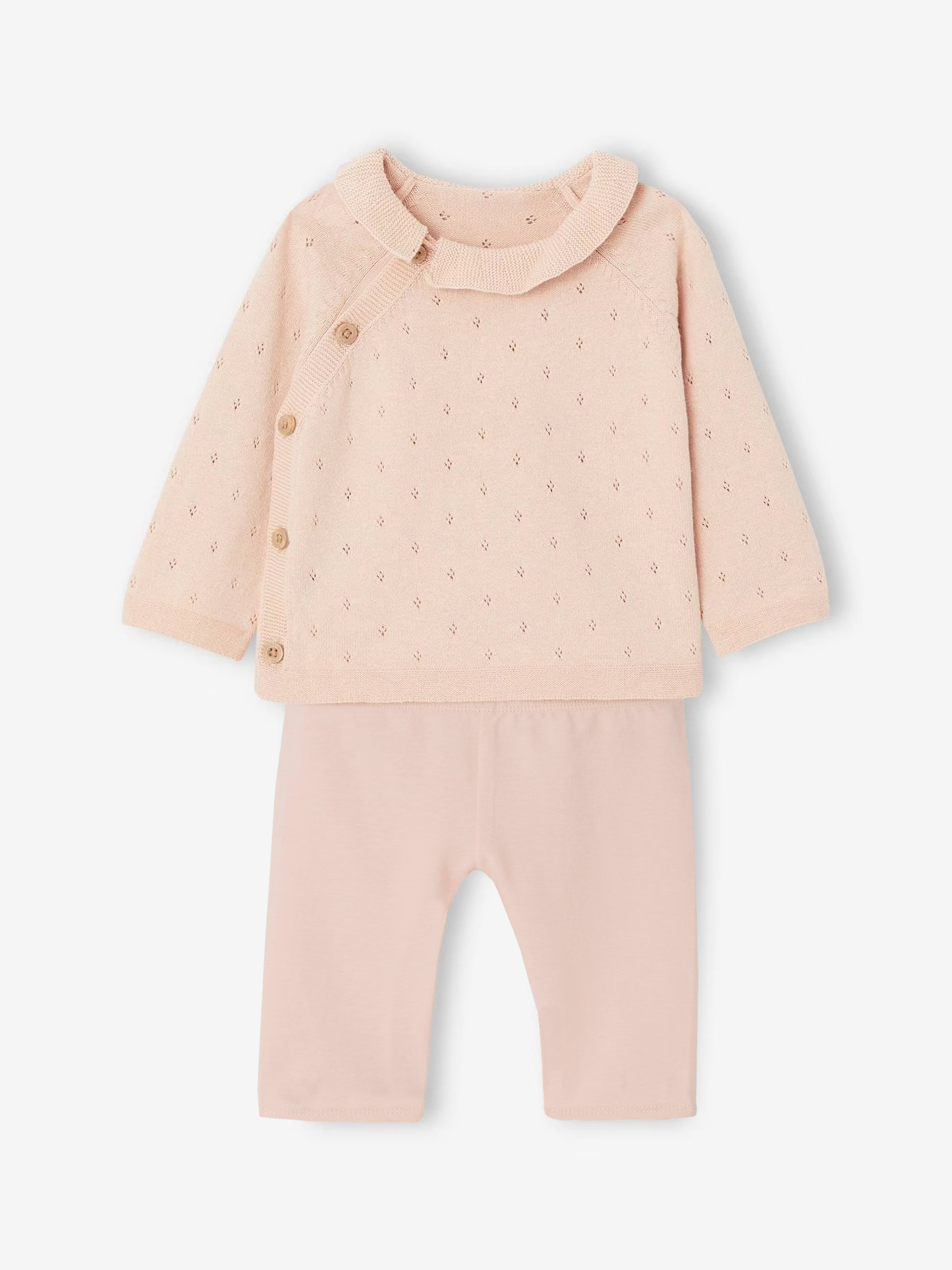 Pink baby outfit with a top and pants on a white background