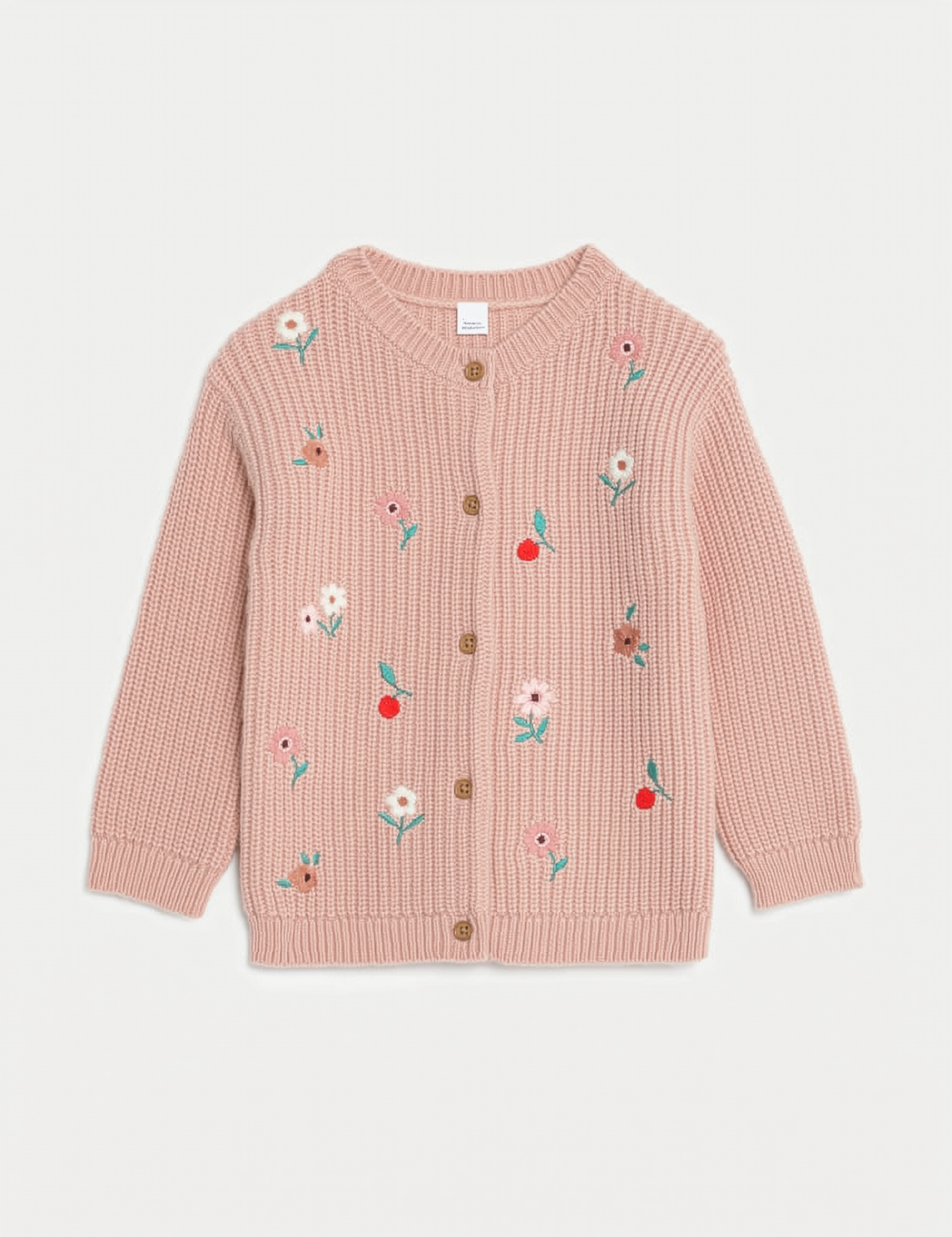 Pink cardigan with floral embroidery on a white background