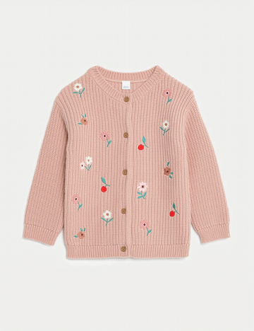 Pink cardigan with floral embroidery on a white background