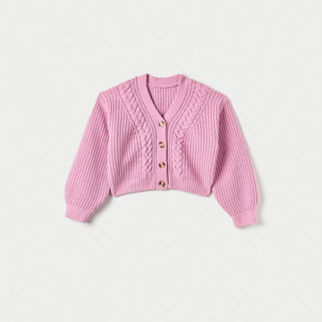 Pink knitted cardigan with button details on a light gray background