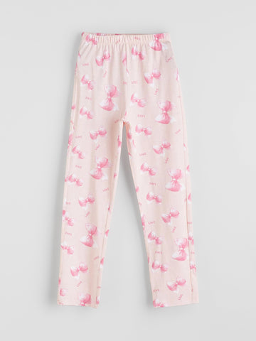 Pink pajama pants with a subtle pattern on a light gray background
