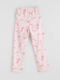 Pink pajama pants with flamingo pattern on a light gray background