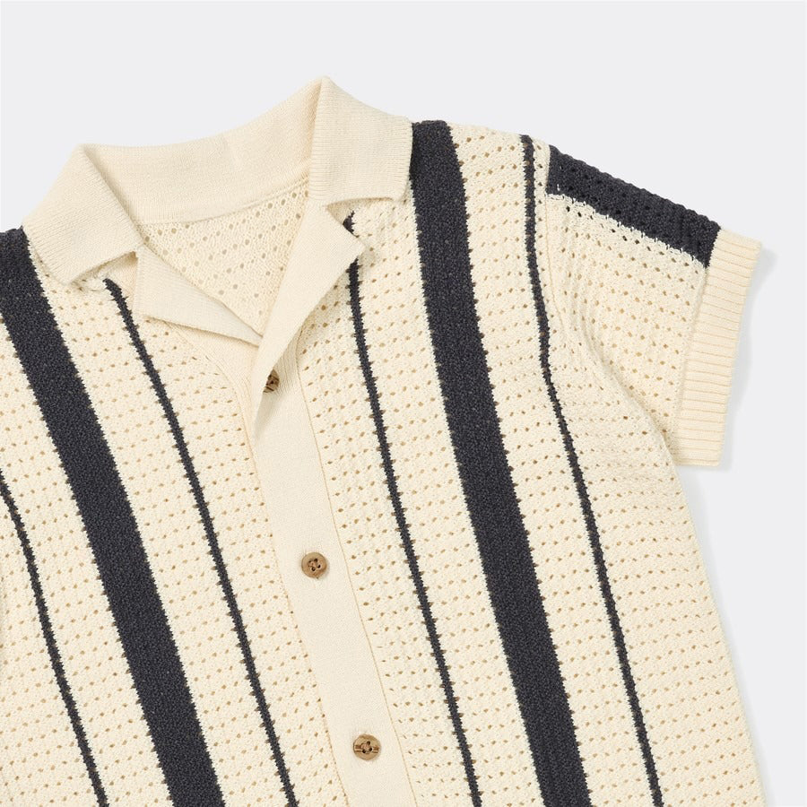 Beige short-sleeve shirt with black stripes on a light gray background