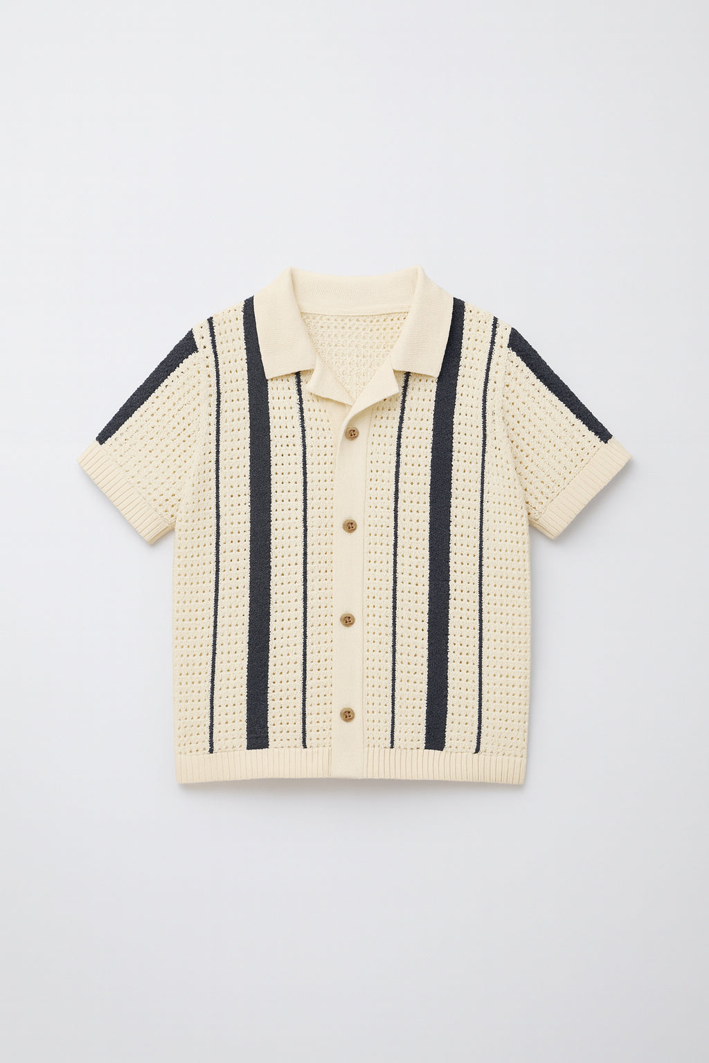 Beige short-sleeve shirt with black stripes on a light gray background