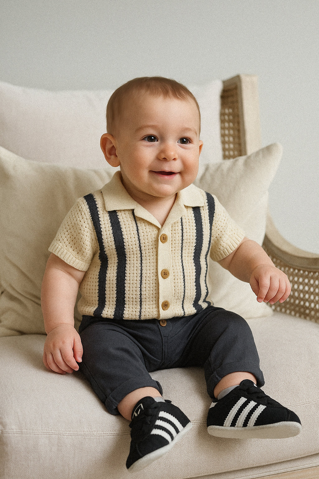 Baby sitting on a couch wearing a striped outfit with a vest and shoes.