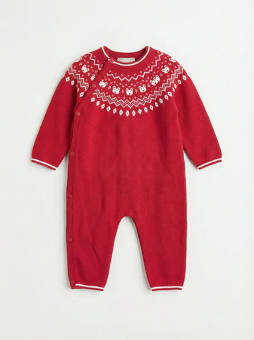 Red Nordic Knit Baby Romper | Side Button Opening