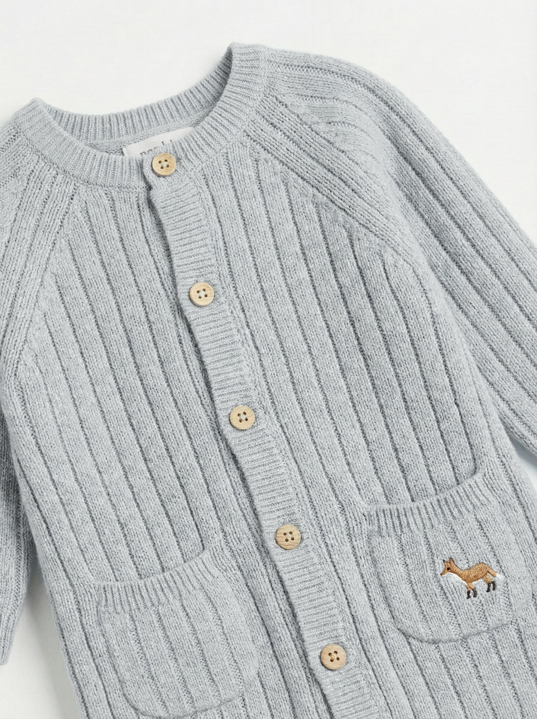 Ribbed Knit Baby Romper with Deer Embroidery - Light grey