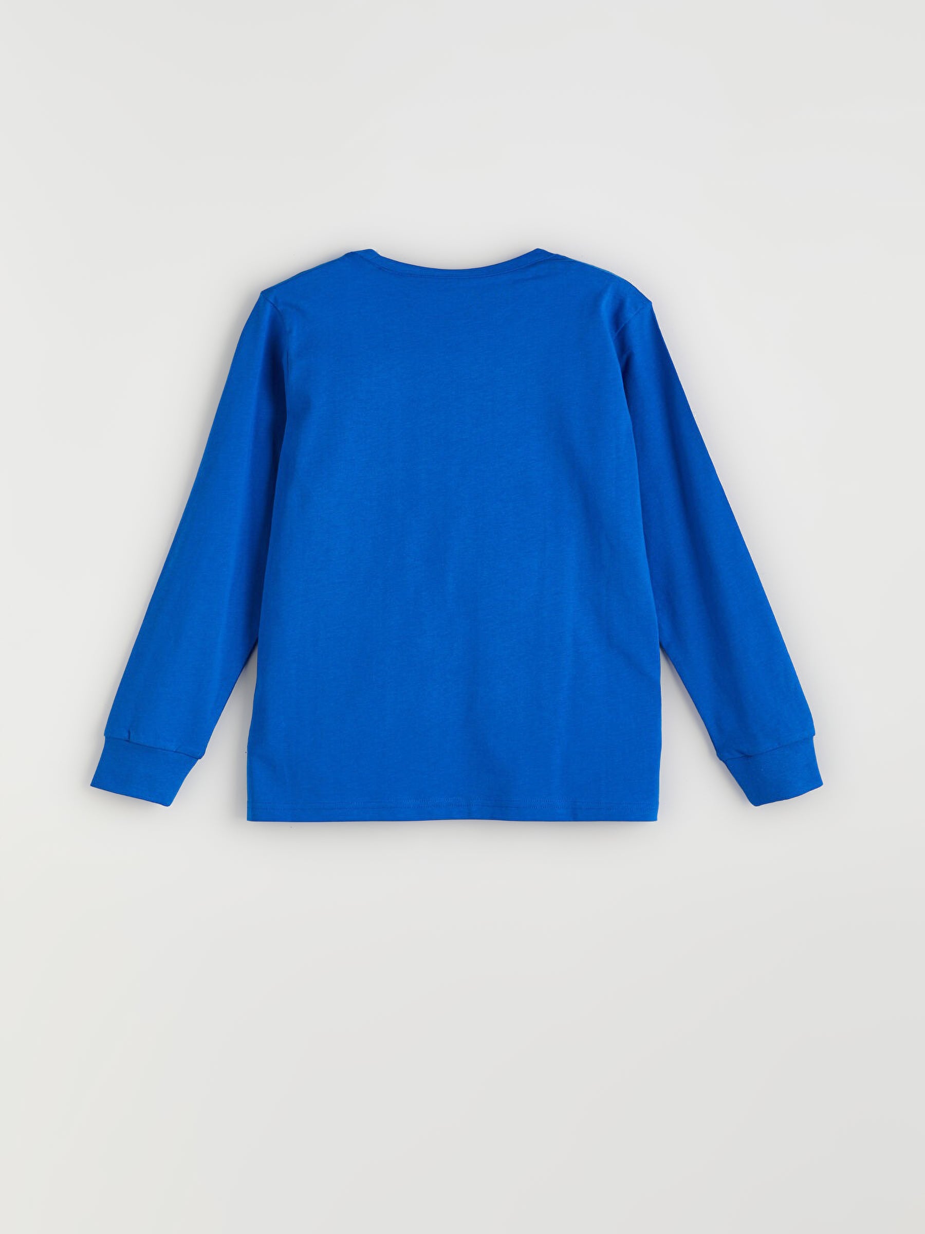 Blue long-sleeve shirt with bear graphic and text on a light grey background