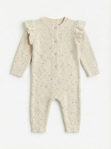 Ruffled Trimmed Sleeve Baby Romper – Cream Confetti Knit