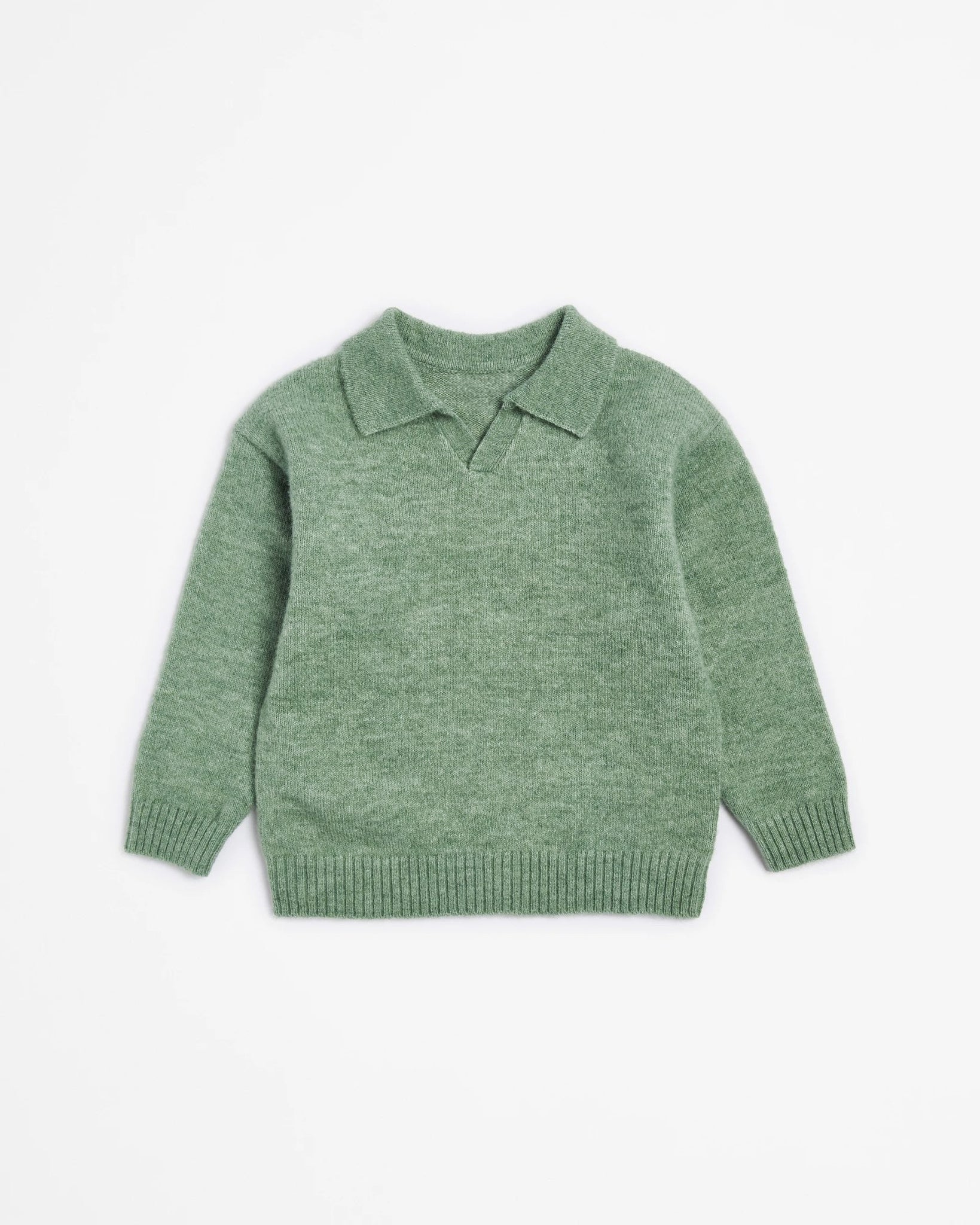 Sage green kids sweater with collar on a white background