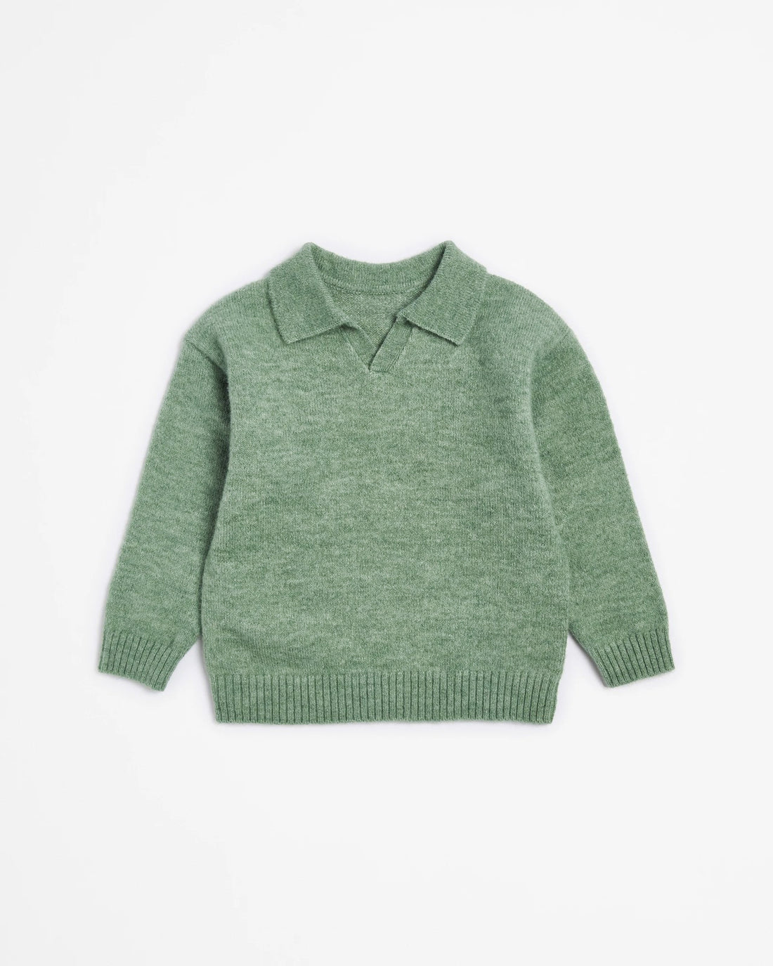 Sage green kids sweater with collar on a white background