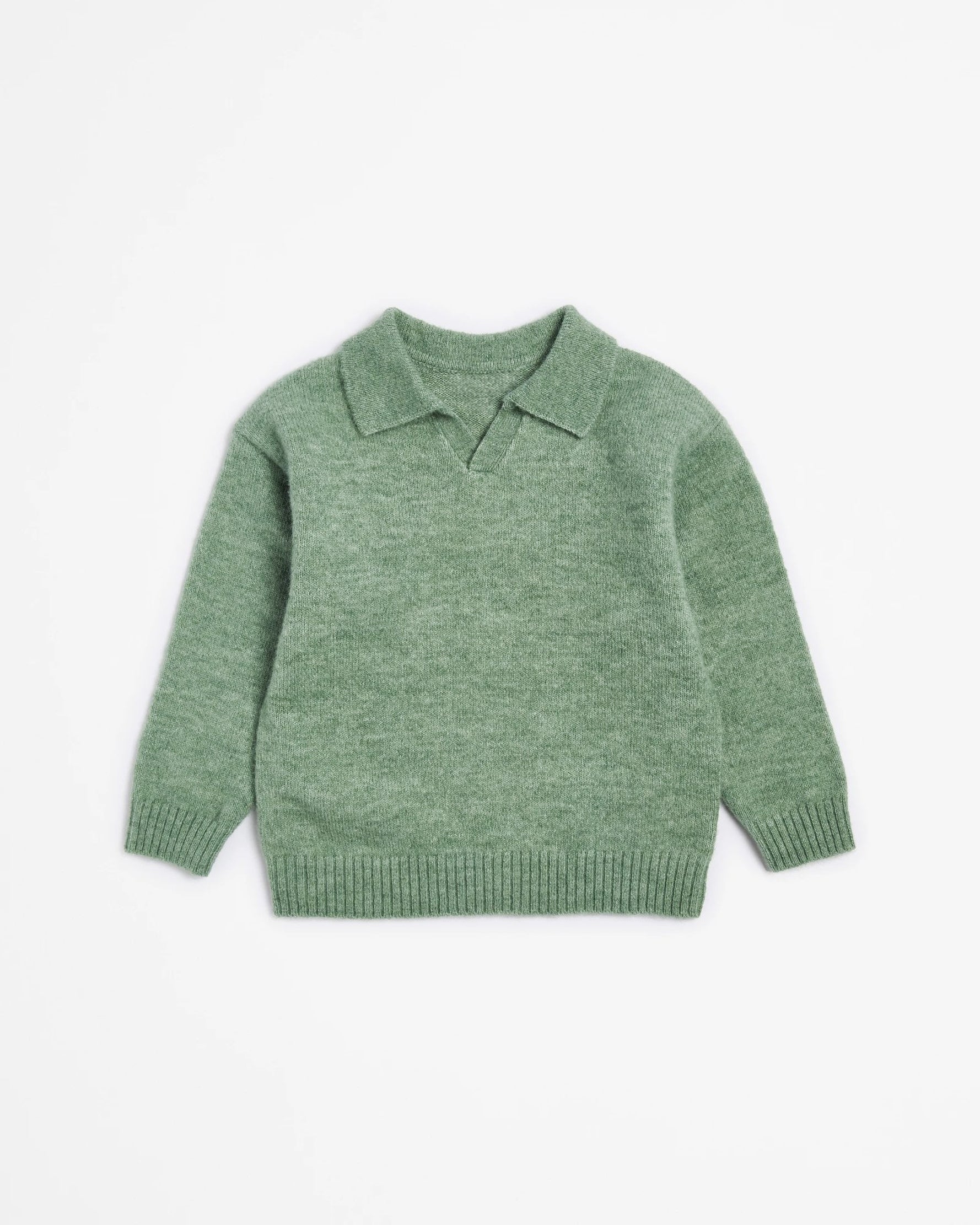 Sage green kids sweater with collar on a white background