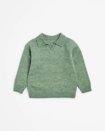Sage green kids sweater with collar on a white background