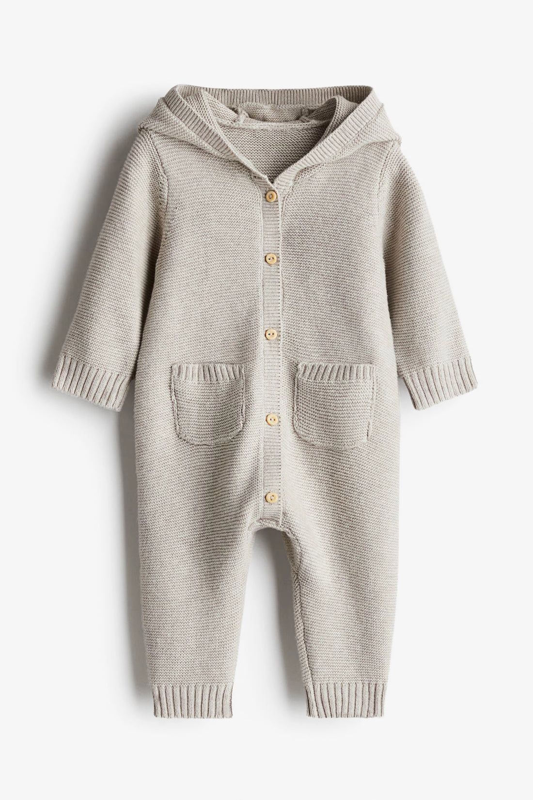 Knit Cotton Hooded Romper Suit | Soft Beige