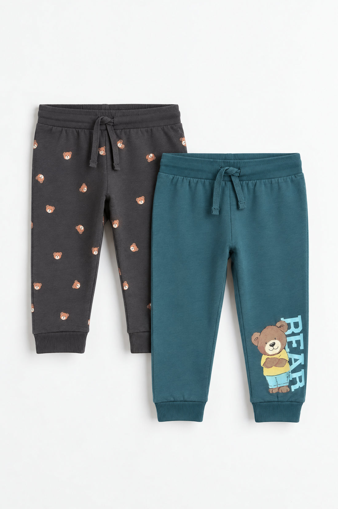 PTex Fashion toddler boy 2-pack terry joggers in charcoal allover bear print and teal bear graphic with ribbed cuffs