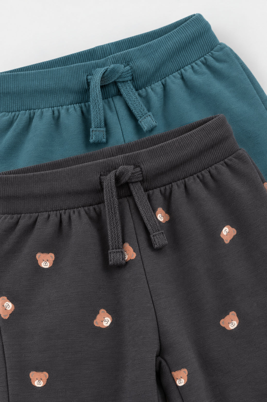 PTex Fashion toddler boy 2-pack terry joggers in charcoal allover bear print and teal bear graphic with ribbed cuffs