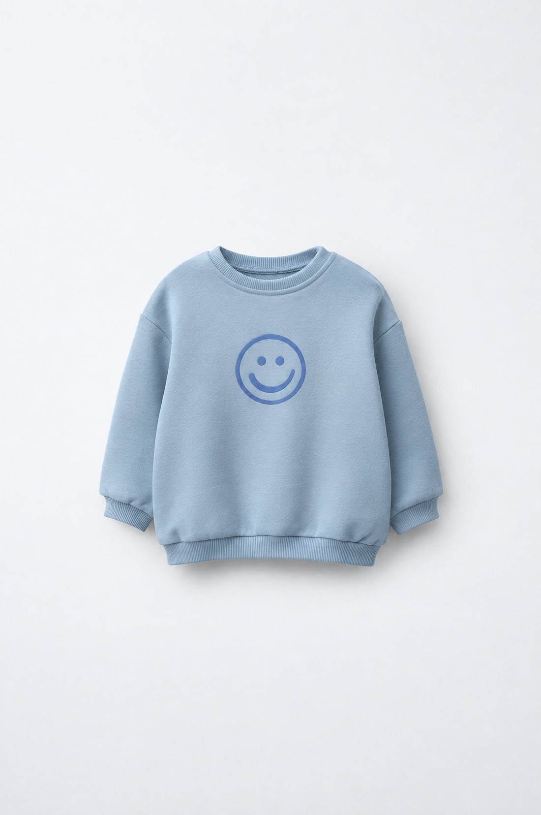 Toddler blue drop shoulder sweatshirt with relaxed fit, ribbed cuffs and hem, crew neckline and playful smile detail.