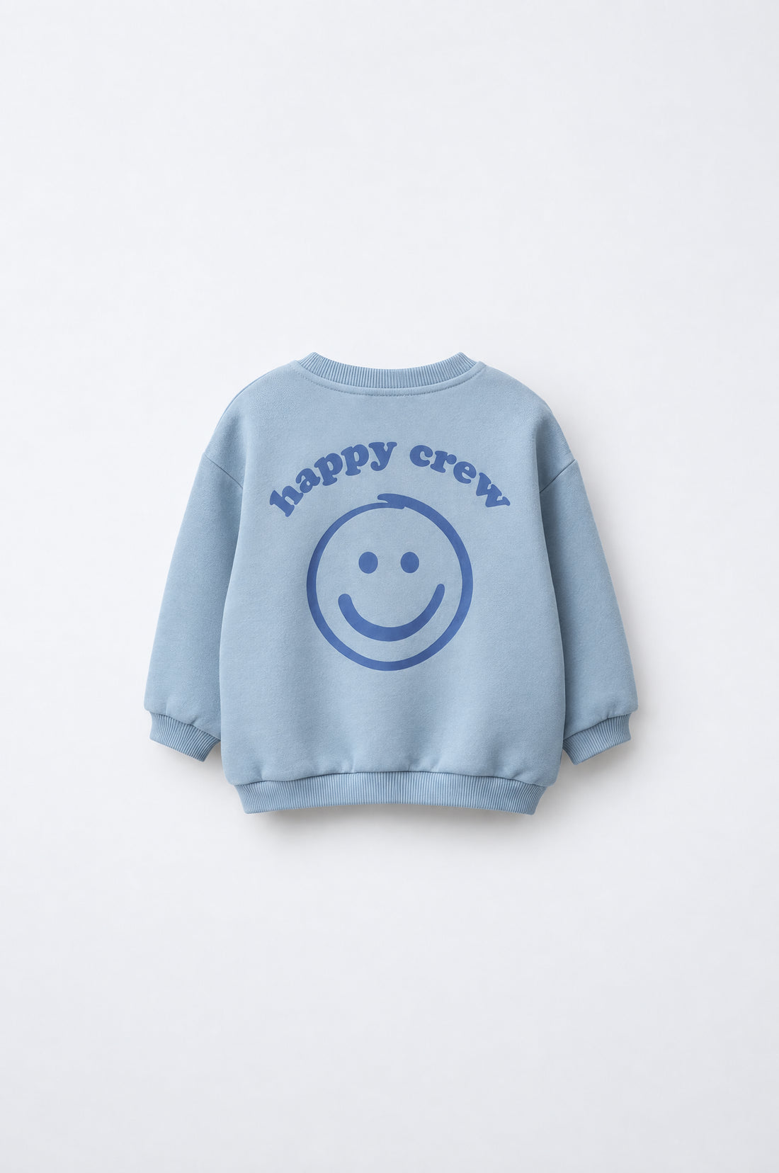 Toddler blue drop shoulder sweatshirt with relaxed fit, ribbed cuffs and hem, crew neckline and playful smile detail.
